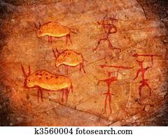 caçadores, ligado, caverna, pintura, ilustração digital