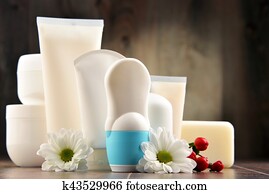Composition with containers of body care and beauty products Composition with containers of body care and beauty products