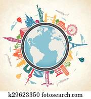 Earth Globe surrounded by Famous Landmarks and means of transpor Earth Globe surrounded by Famous Landmarks and means of transpor