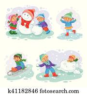 Set vector winter icons with little children Set vector winter icons with little children