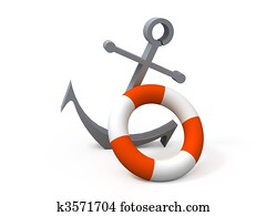Anchor and life buoy nearby. 3D an illustration Anchor and life buoy nearby. 3D an illustration
