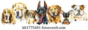 Border from watercolor portraits of dogs for decoration Border from watercolor portraits of dogs for decoration