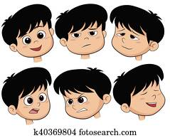caricatura, niño, head., vector, conjunto, de, diferente, emociones, icons.