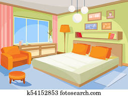 cartoon illustration interior orange-blue bedroom, a living room with a bed, soft chair cartoon illustration interior orange-blue bedroom, a living room with a bed, soft chair