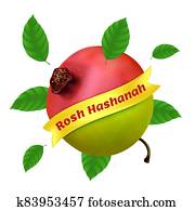Rosh Hashanah - New Year in Hebrew. Vector illustration with apple, pomegranate and foliage isolated on a white background. Great for web banner, poster or flyer design Rosh Hashanah - New Year in Hebrew. Vector illustration with apple, pomegranate and foliage isolated on a white background. Great for web banner, poster or flyer design