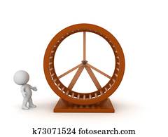 3D Character looking at big wooden hamster wheel 3D Character looking at big wooden hamster wheel