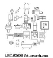 alojamento, casa, ícones, jogo, esboço, estilo