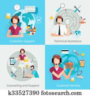 ayuda al cliente, 4, plano, iconos, cuadrado