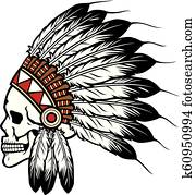 indianische, indisches oberhaupt, totenschädel, vektor, abbildung