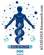 vector, grafisch, illustratie, van, sterke, mannelijke, depicted, als, dna, symbool, voortzetting, en, gecreëerde, met, wireframe, connections., biotechniek, als, de, richting, van, genetics.