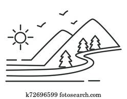 River and mountains landscape, forest and hills outline sketch River and mountains landscape, forest and hills outline sketch