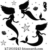 Vector flat black set of mermaid silhouette Vector flat black set of mermaid silhouette
