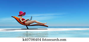 Woman in swimsuit using a laptop