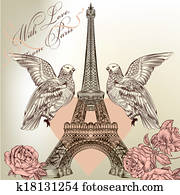 Beautiful Valentine card with detailed vector Eiffel tower, rose Beautiful Valentine card with detailed vector Eiffel tower, rose