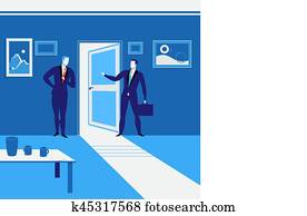 Vector illustration of businessmen standing at open door.
