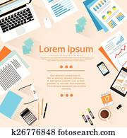 arbeitsplatz, hölzerner schreibtisch, oberseite, winkel, ansicht, mit, kopieren platz