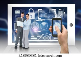 Digital composite of hand holding smartphone with interface and business partners behind