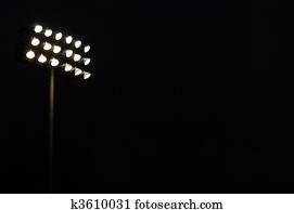 estádio, luzes, ligado, um, brinca campo, à noite, com, espaço cópia