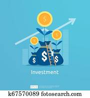 geschäftskonzept, von, leistung, goal., kapitalverzinsung, roi, vision., wachstum, pfeile, to, success., schaubild, tabelle, vergrößern, gewinn, mit, geld, bag., finanz, dehnen, steigend, auf., spruchbaender, flache, style.