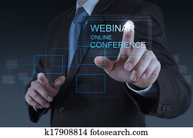 geschäftsmann, hand, weisen, webinar, on-line tagung