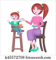 Mother Feeds Baby, Who Sits and Cries on Highchair Mother Feeds Baby, Who Sits and Cries on Highchair