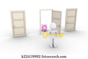 Person with key is offering access to door with profit Person with key is offering access to door with profit