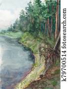 Watercolor landscape. The majestic northern expanse of the mighty river flowing among the spruce forest Watercolor landscape. The majestic northern expanse of the mighty river flowing among the spruce forest
