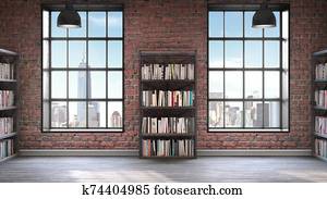 Bookshelves, Loft style interior, concrete floor with two big windows Bookshelves, Loft style interior, concrete floor with two big windows
