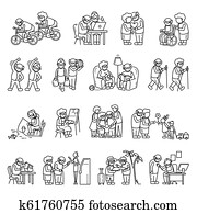 äldre personer, ikon, sätta, enkel, stil