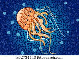 אומנות קדמונה, וקטור, רקע, לתאר, jellyfish., דוגמה, בסס, ב, קדמון, סיגנון, של, נקד, painting.