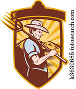 חקלאי, עם, זרוק מזלג, ו, הרים, במשקיע