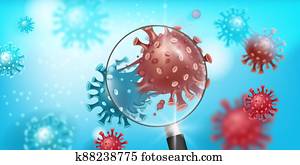 coronavirus, מוטציה, וקטור, רקע, עם, covid-19, מולקולות, ב, כחול, מתחת, magnifier.