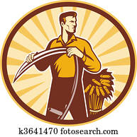 Farmer standing holding scythe and wheat crop Farmer standing holding scythe and wheat crop