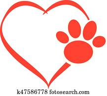 Hearts with dog paw isolated on white background Hearts with dog paw isolated on white background