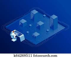 Isometric server room in datacenter. Administrator Monitors Work of Artificial Intelligence. Professional IT Engineers Working in System Control Center. Isometric server room in datacenter. Administrator Monitors Work of Artificial Intelligence. Professional IT Engineers Working in System Control Center.
