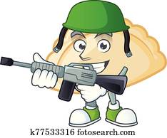 Pierogi carton character in an Army uniform with machine gun Pierogi carton character in an Army uniform with machine gun