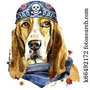 Watercolor portrait of basset hound wearing biker bandana Watercolor portrait of basset hound wearing biker bandana