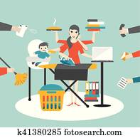 multitask, woman., mãe, executiva, com, bebê, ironing, trabalhando, coocking, e, calling.