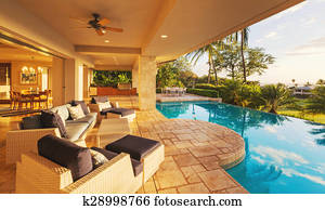 repouso luxuoso, com, piscina, em, pôr do sol