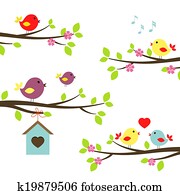 Set of birds on flowering branches Set of birds on flowering branches