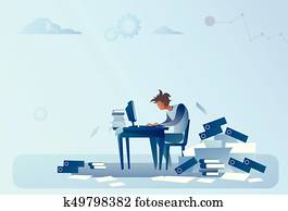 ビジネス男, コンピュータに取込むこと, 積み過ぎられる, 文書, ペーパーワーク, 問題, 概念