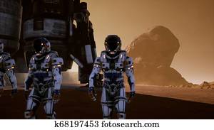 Astronauts walk on the surface of Mars after landing in a rocket. Panoramic landscape on the surface of Mars. 3D Rendering Astronauts walk on the surface of Mars after landing in a rocket. Panoramic landscape on the surface of Mars. 3D Rendering