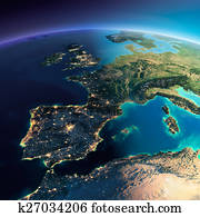 detalhado, earth., espanha, e, mar mediterrâneo detalhado, earth., espanha, e, mar mediterrâneo