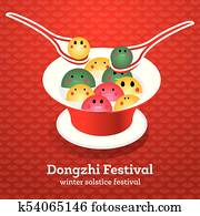 dong, Zhi, chinês, inverno, solstício, Festiva., Tangyuan, (Sweet, Dumplings), em, prato, com, Soup.