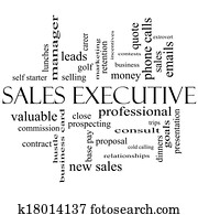 ejecutivo ventas, palabra, nube, concepto, en, negro y blanco