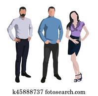 Two men and one woman standing. People at work. Vector characters
