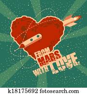 Vintage space greeting card with heart shape Mars