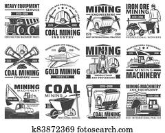 חפור, תעשיה, ציוד, ו, כורה, עבד, איקונים