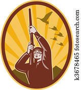 צייד, עם, רובה, רובה ציד, לכוון, , ב, כפוף, ו, אוזים, קבע, בתוך, an, *ביצי