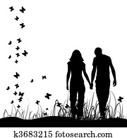Couple on meadow, black silhouette Couple on meadow, black silhouette